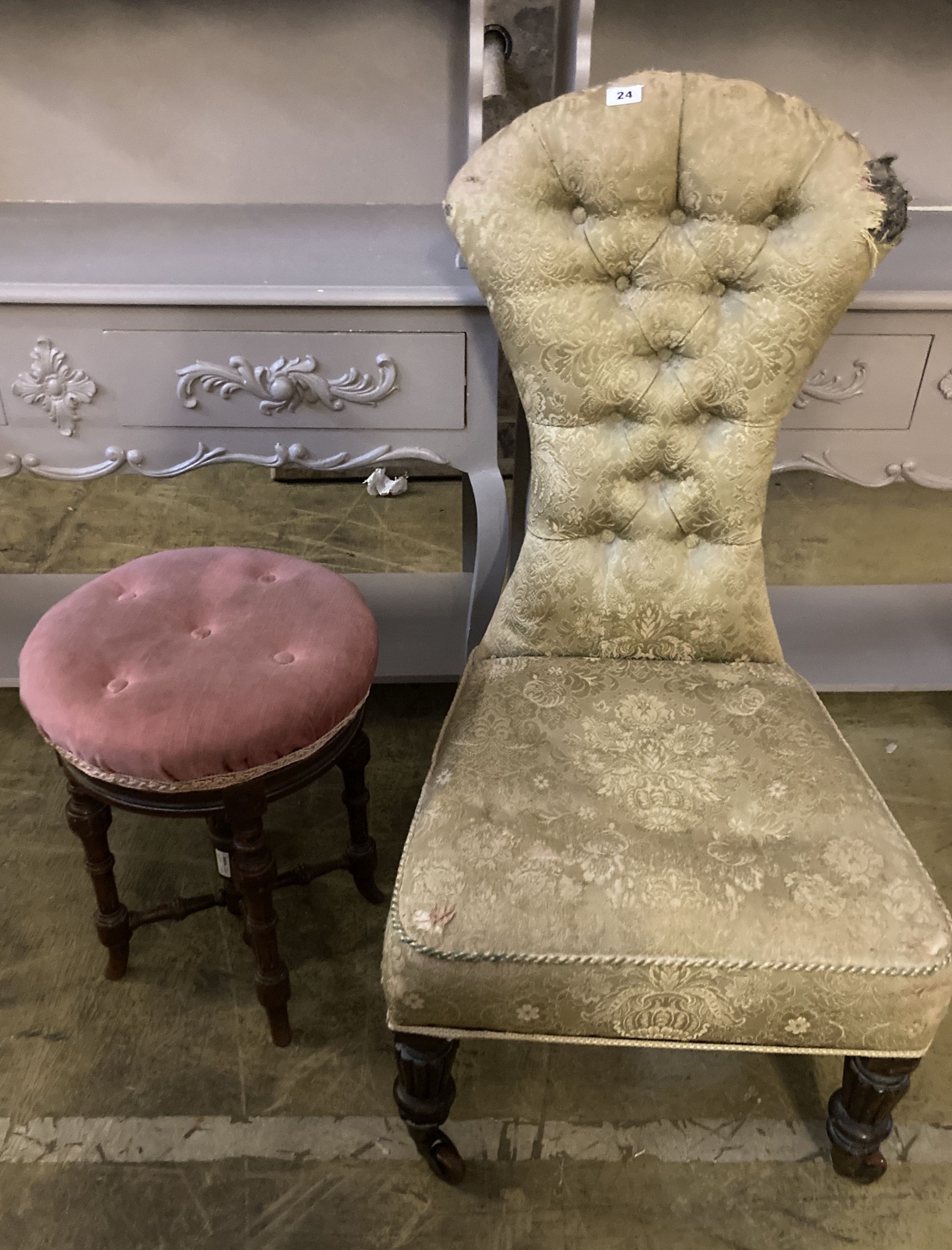 A late Victorian walnut piano stool by Shoolbred & Co, together with an early Victorian upholstered side chair
